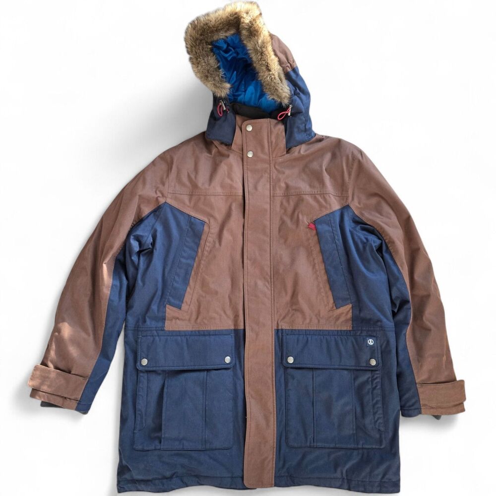 Lands' End Mens Down Expedition‎ Parka XL 46-48 Blue Brown Hooded Coat Faux Fur